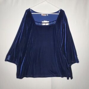 The Quacker Factory Velour Sequin Top Women 3X Royal Blue Square Neck Cutout